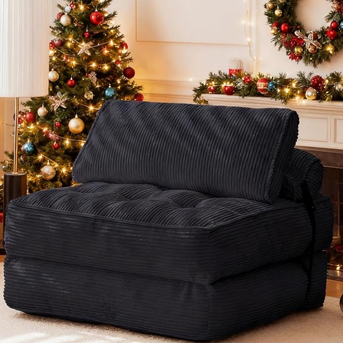 GYUTEI Folding Sofa Bed Convertible Sleeping Chair with Backrest Support and Soft Corduroy FabricFold Couch Bed with Pillow for Small Spaces/Living Room/Bedroom/Apartment Single SizeBlack