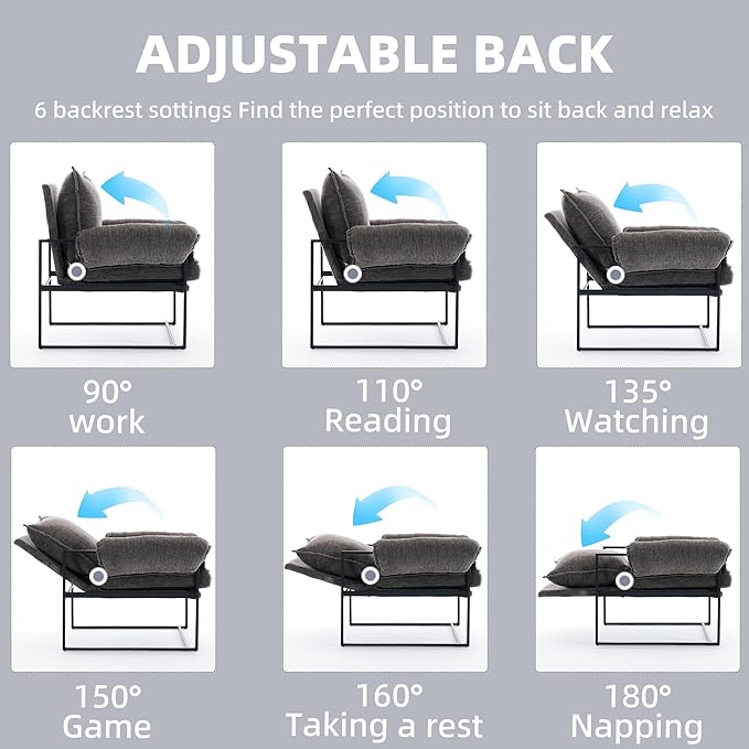 YISHENG Accent Chair with 6-Angle Adjustable Backrest(90°–180°) Chenille Fabric Living Room Chair Upholstered Lounge Chair Modern Cozy Reclining Chair for Reading Reception RoomBalcony 2PC Gray