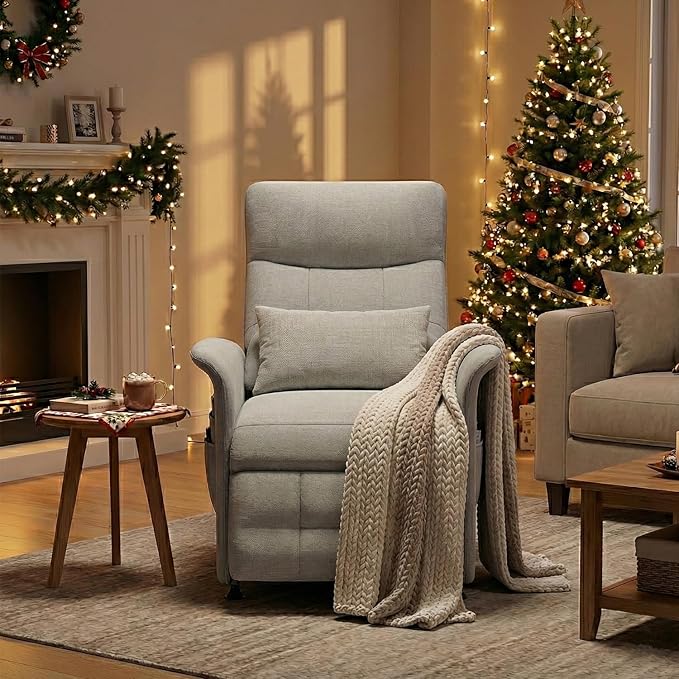 Electric Power Recliner Chair with Heat &amp Vibration Massage Overstuffed Fabric Sofa with Remote Control for Living Room Bedroom Easy Assembly Light Grey
