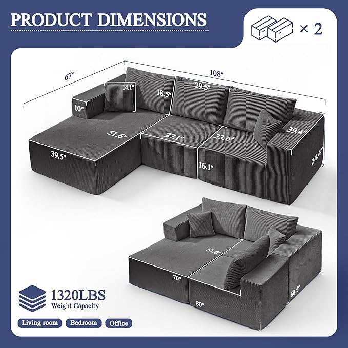 Modular Sectional Sofa for Living Room 108 Cloud Couch Sectional with L-Shape Chaise Modern Upholstered Corduroy Boneless Couch with Memory Foam Deep Seat No Assembly Required (Grey)