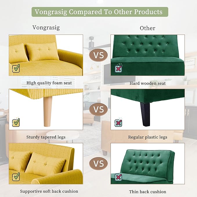 Vongrasig 48 Small Modern Loveseat Sofa Mid Century Soft Corduroy Fabric 2-Seat Sofa Couch Tufted Love Seat with Back Cushions and Tapered Legs for Living Room Bedroom and Small Space (Yellow)