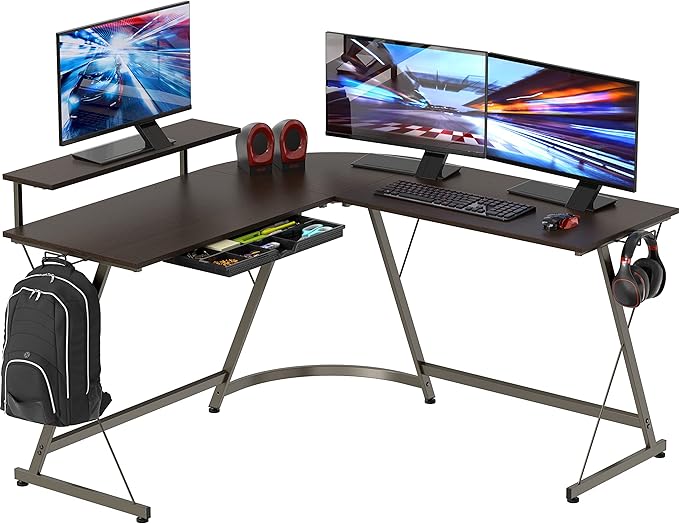 SHW 51 x 51 Inches Vista L-Shaped Desk with Monitor Stand and Drawer Espresso