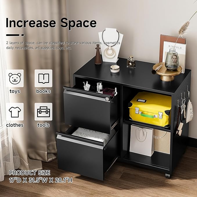 SISESOL 2 Drawer File Cabinet with Lock and ShelfMobile Lateral Filing CabinetMetal Filing Cabinets with Open Storage Shelves Organizer for Home Office Fit Legal/Letter A4 Size (Black)