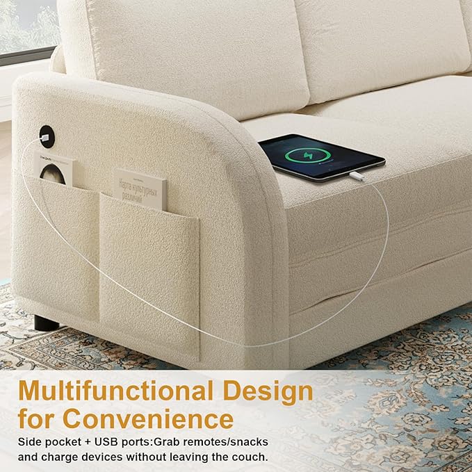 115.2 L Shaped Couch Bed Sectional Couches for Living Room Teddy Fabric Sleeper Sofa Bed with Pull Out Couch Convertible Sectional Couch with Charging Station &amp Side Pocket Beige