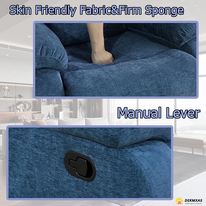 Fabric Recliner Chair Contempary Manual Motion Reclining Chair Living Room Furniture Microfiber Single Recliner with Overstuffed Arm &amp Back for Living Room/Bedroom/Office/Rv Car (Blue Chair)