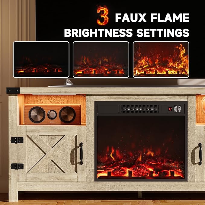 Furmax LED Entertainment Center with Fireplace Fireplace TV Stand with Storage Cabinets and 2 Open Shelves Modern Media TV Console for Living Room (Light Oak)