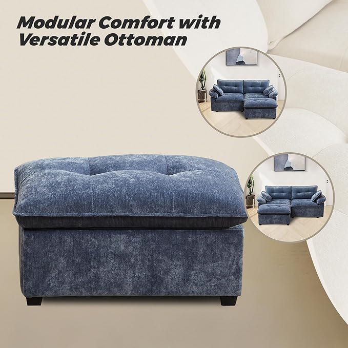 Modular Loveseat Sofa with Ottoman 81.5'' Deep Seat 2-Seater Chenille Couch Comfy L Shaped Convertible Small Sofa for Apartment Living Room Office Soft FabricLoveseat Sofa (Mist Blue)