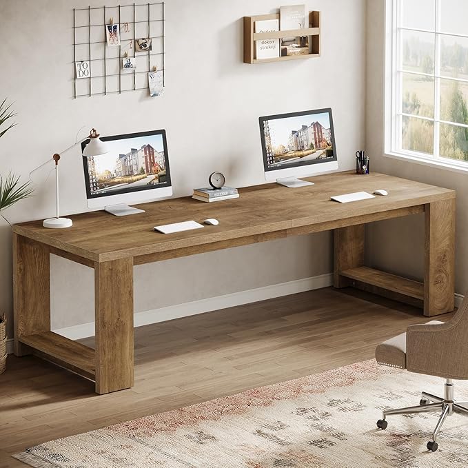 Tribesigns Two Person Desk 86.6 Inches Extra Long Desk Double Computer Writing Table Wood Large Desks Workstation for Home Office Natural Wood