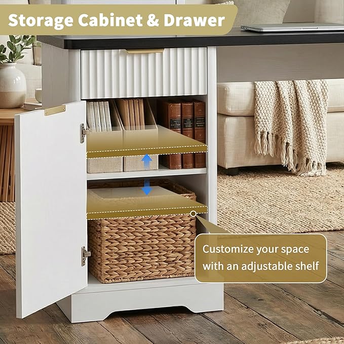 Hommoo L Shaped Home Office Desk with Drawers Wood Corner Computer Desk with File Cabinet and Storage Shelf Executive Work Study Writing Table with Power Outlets and Monitor Stand 59 Inch White