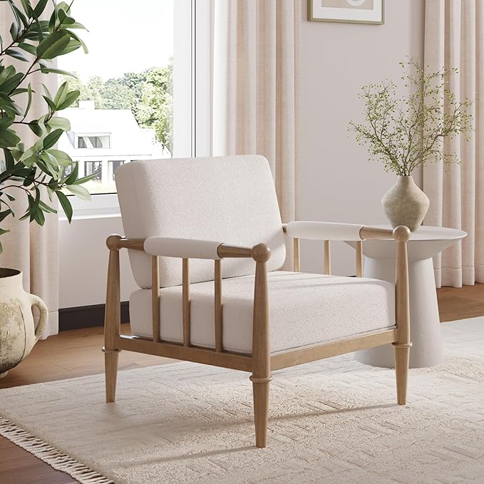 Nathan James Spencer Boucle Accent Chair Bohemian Armchair with Solid Wood Frame and Upholstered Foam Cushion Cream/Light Brown