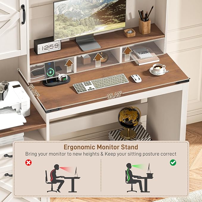 Vabches 51 Executive Desk Farmhouse Home Office Desk with Charging Station File Drawer Storage Cabinet Monitor Stand Wood Computer Desk with Hutch for Work Study Writing (White)