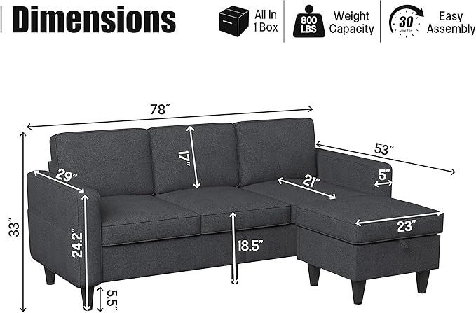 Dark Grey Convertible Sectional Sofa CouchModern Linen Fabric Upholstered L-Shaped Sofa Couch with Armrest Pockets3-Seat Sofa with Reversible Storage Ottoman for Living Room Small Space Apartment
