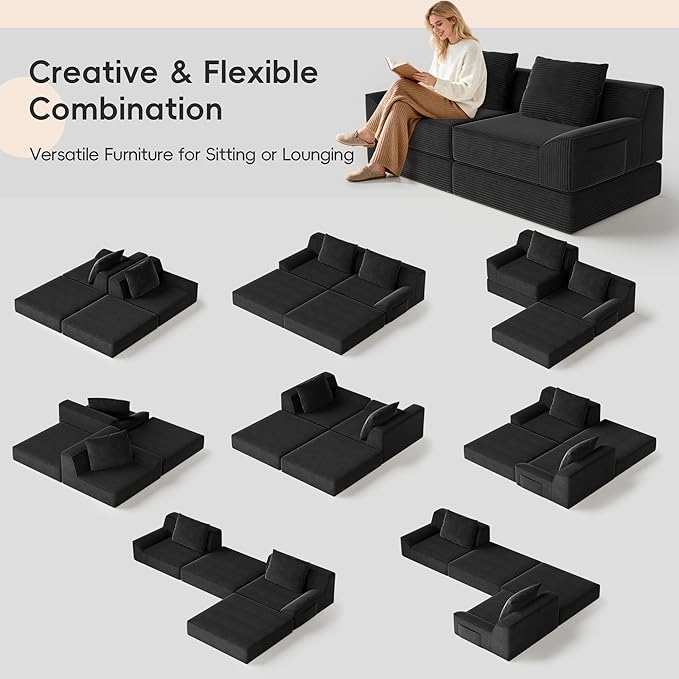 Convertible Sofa Bed 79 Inch Boneless Couch Corduroy Loveseat Sleeper Oversized Double Lounge Chaise Cloud Futon Floor Sofa Modular Futon Couch for Living Room Bedroom Lounge (Black)