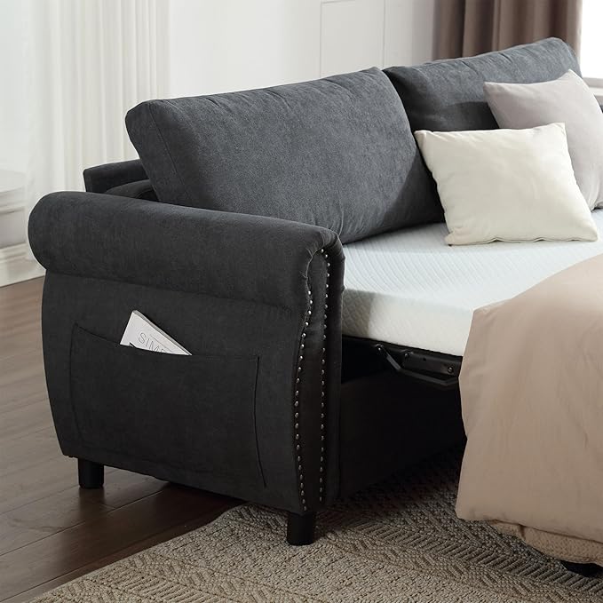 TTK 80.7 Queen Sized Pull Out Sofa Bed 2-in-1 Convertible Sleeper Couch with Memory Foam Mattress &amp Solid Wood Frame for Living Room Apartment &amp Small Spaces Gray