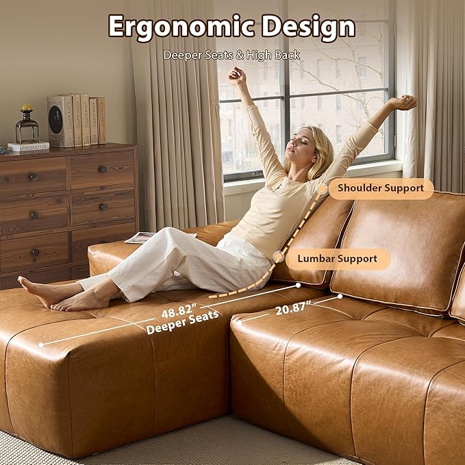 114 in Faux Leather Modern Modular Sectional Sofa - Boneless L-Shaped Couch with Chaise Sectional Couches for Living Room with Deep Seat No Assembly Required Sofa (Brown Right Chaise Sofa)