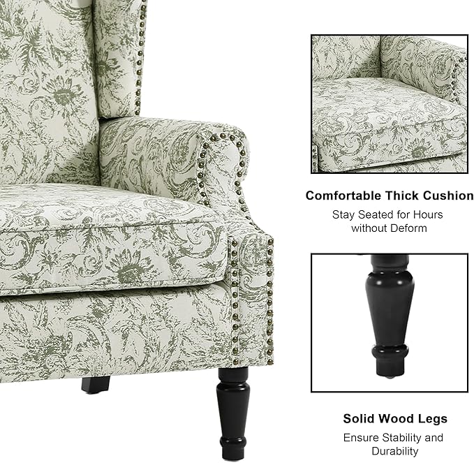 Floral High Back Accent Chair Upholstered Armchair with Solid Wood Legs Comfy Wingback Reading Single Sofa Chair for Small Spaces Living Room Bedroom(Floral Rococo Green Set of 1)
