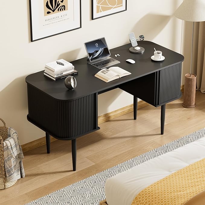 55 Modern Writing Desk with Sliding Doors Wood Home Office Desk with Storage Computer Desk for Study Living Room Dorm Black