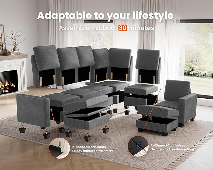 CHIC HOUSE Middle Module for Modular Couch Corduroy Customizable Chaise Storage Ottoman for Sectional Sofa Armrest Single/Double Seater