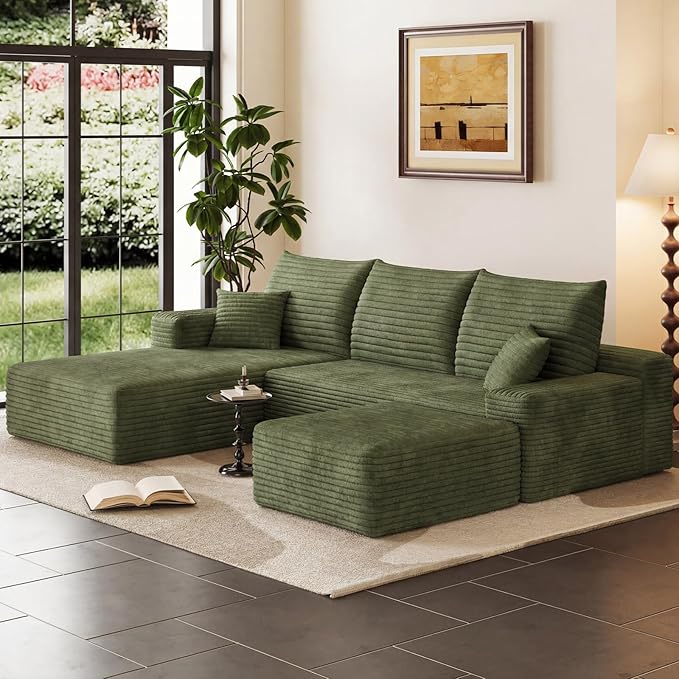 95 Cloud Sectional Couch with OttomanModern U-Shaped Cloud Couch with Deep SeatComfy Corduroy 3-Seater SofaMemory Foam Sofa for Living RoomNo Assembly (GreenLeft-Facing Chaise)