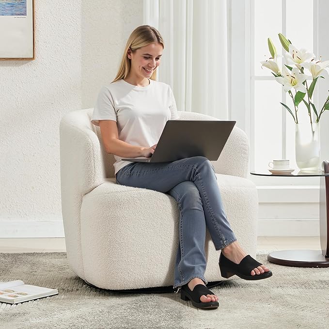 Swivel Accent Chair Upholstered Fabric Barrel Chair Boucle Round Boucle Armchair for Living Room Bedroom Beige Cream White