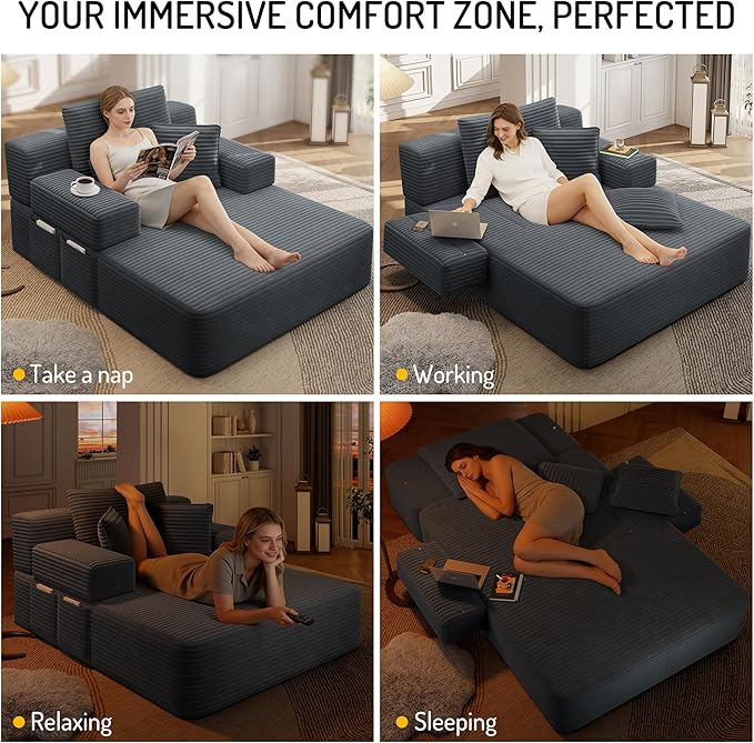 70W Oversized Chaise Lounge Chair Indoor with Adjustable Backrest &amp Storage 2 in 1 Convertible Sleeper Sofa Bed Compression Foam Boneless Couch for Living Room Bedroom Plush Corduroy Dark Grey