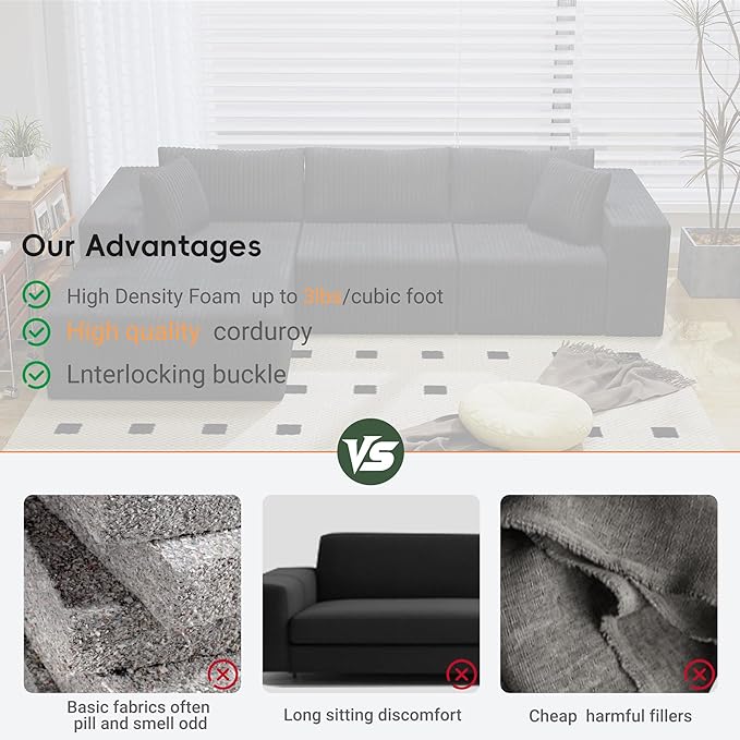110 Modular Sectional Couch with L-Shaped Chaise Cloud Sectional Couch with Deep Seat Corduroy Sofa for Living Room Bedroom No Assembly Required (Left Facing Chaise) Charcoal Black