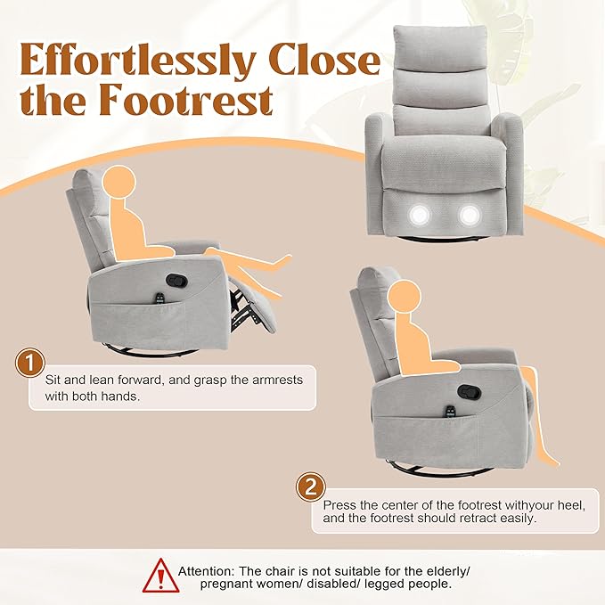 Manual Swivel Rocker Recliner Chair for Adults Overstuffed Reclining Glider Chair for Nursing with Vibration Massage &amp Heat Living Room Rocking Recliner 3-Stage backrest Chenille Fabric Light G