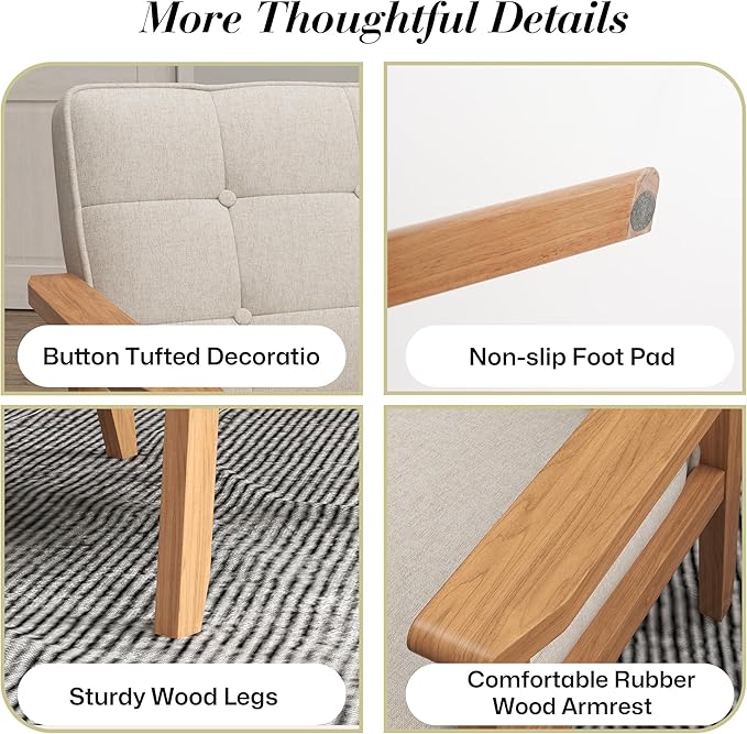 KCC Mid-Century Modern Linen Fabric Accent Chair Set of 2 Upholstered Tufted Leisure Chair Comfy Reading Side Chair with Armrest and Solid Wood Frame for Living Room Bedroom Balcony(Beige)