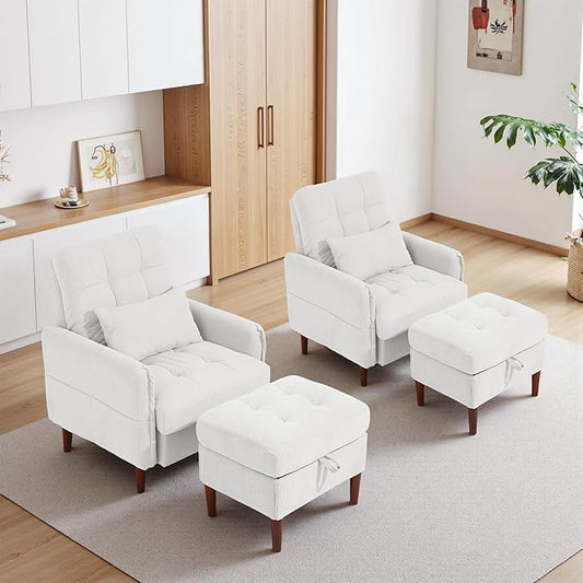 Accent Chairs with Storage Ottoman Corduroy Fabric Armchair with Adjustable Backrest and Side Pockets Mid Century Modern Reading Sofa Chair for Living Room Bedroom (White Set of 2)