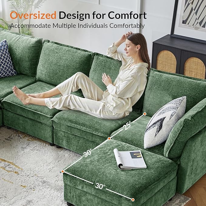 HULALA HOME Modern Chenille Sofa Set Single Seat Sofa 3 Seat Sofa 2 Piece Cloud Couches Set with Storage Comfy Deep Upholstered Armchair Couches for Living Room Apartment Green