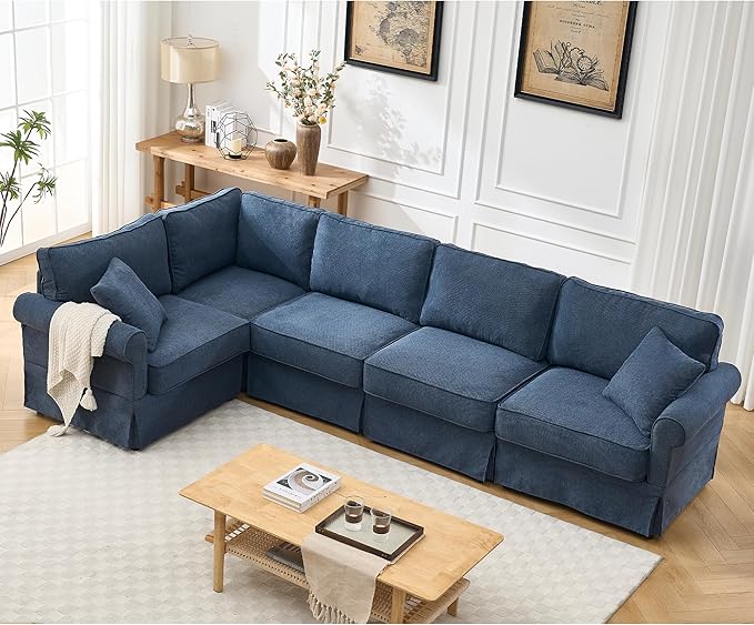 Modular Sectional Sofa SetConvertible L Shaped Couch5 SeatReversible Sectional Sofa CouchUpholsteredCorner SofaRolled ArmsSoft Linen Fabric (Blue)