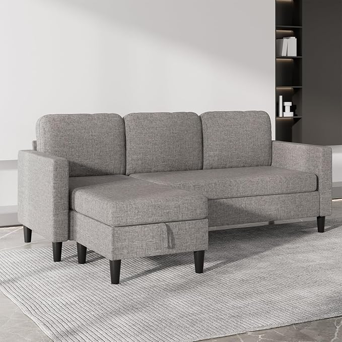 76 Inch L Shaped Sectional Sofa Modern 3 Seater Couch with Storage Ottoman Linen Convertible Sectional L Shape Couches for Living Room Apartment and Small Space