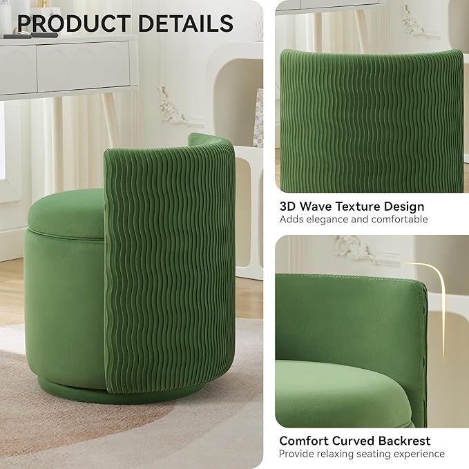 Velvet Vanity Chair with Storage 360° Swivel Makeup Chair with Wave Back No Assembly Small Accent Stool for Bedroom Dressing Living Room Green
