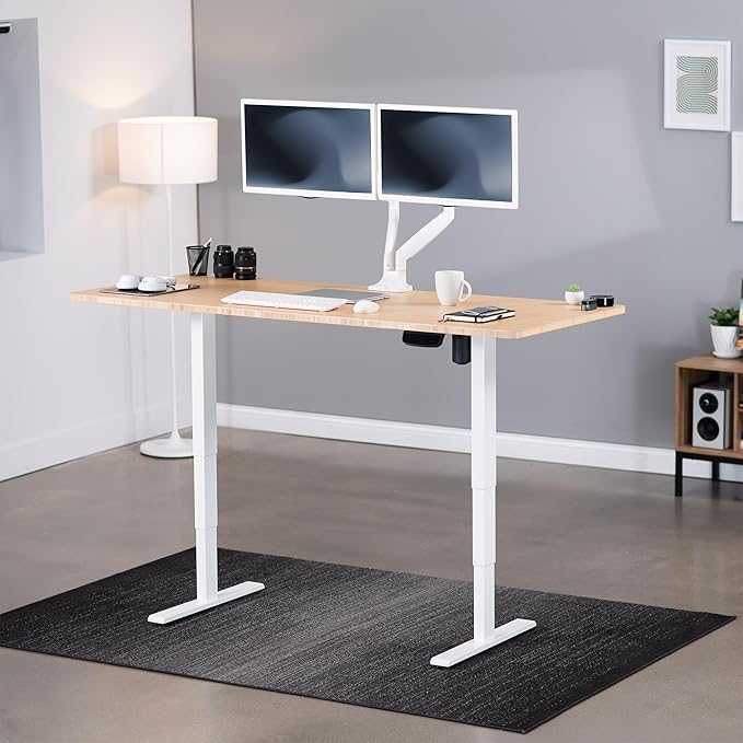 VIVO Electric 71 x 30 in Real Bamboo Standing Desk Touch Screen Adjustment 176 lb Frame Support 2E Series White Frame DESK-KIT-2EW71O