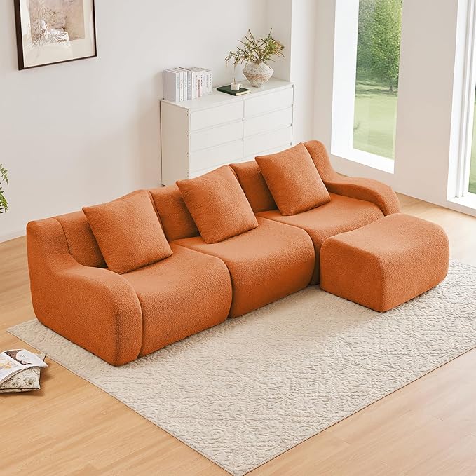 Orange L-Shaped Cloud Couch with 1 Ottoman Modern Teddy Fabric Boneless Sectional Sofa in a Box Modular Floor Sofa for Living Room Deep Seat No Assembly Required Sofas para Sala