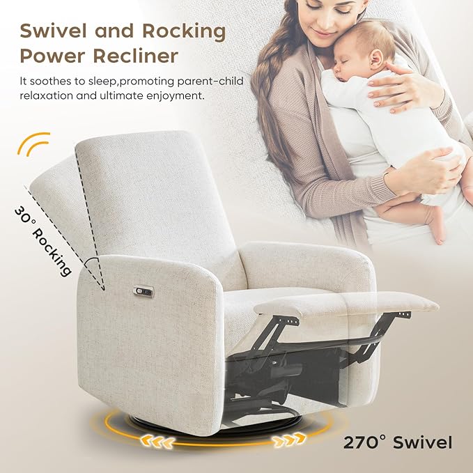 Power Recliner Chair Swivel Rocker Recliner w/USB &amp Type-C Charging Ports Chenille Upholstered Swivel Rocker Glider Recliner for NurseryLiving Room Bedroom Set of 2 Cream