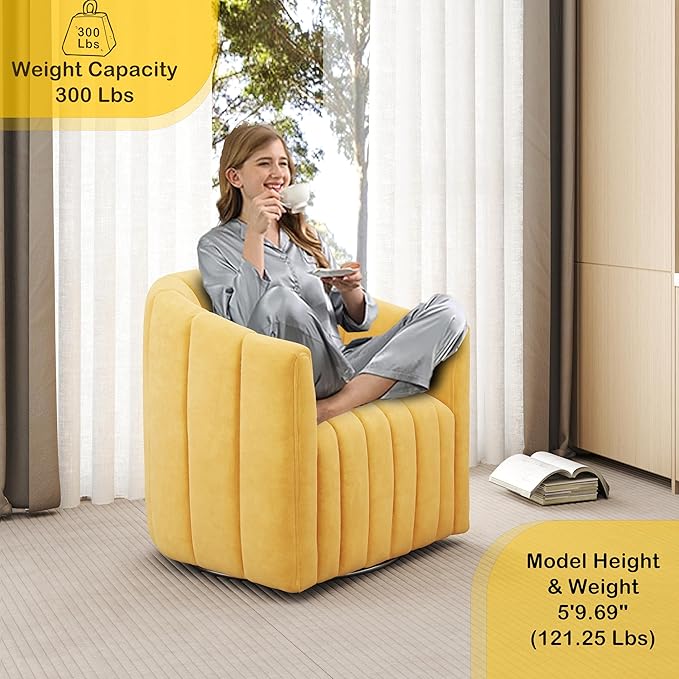 Swivel Accent Chair Velvet Barrel Arm Chair for Living Room Pumpkin Shaped Curved Chair with Metal Base for Bedroom Balcony Study Room（Yellow Set of 2）