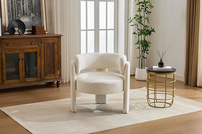 GDFStudio 30 Modern Accent Chair Upgrade Leisure Boucle Upholstered Armchair with Curved Arms and Waist Pillow Comfy Single Sofa Chair for Living Room Bedroom Office Apartment Ancient White