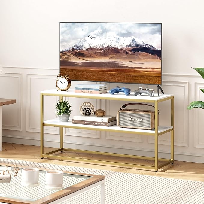 Function Home TV Stand for TVs up to 50 Inch 2 Tier Entertainment Center Modern TV Cabinet with Marble Top and Gold Metal Base 42 Media Console Table with Storage for Living Room Bedroom