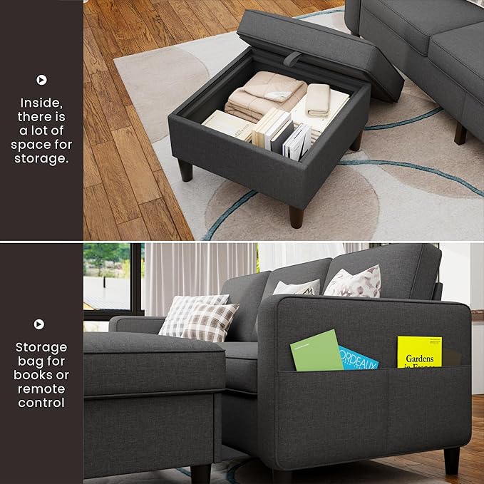 Youmumeub Sectional Couches for Living Room - Convertible Sofa and Storage Bench79''Modern Corner ConfigurationSuitable for Living Room Apartment Bedroom and Office-Gray | Reversible Chaise Rever