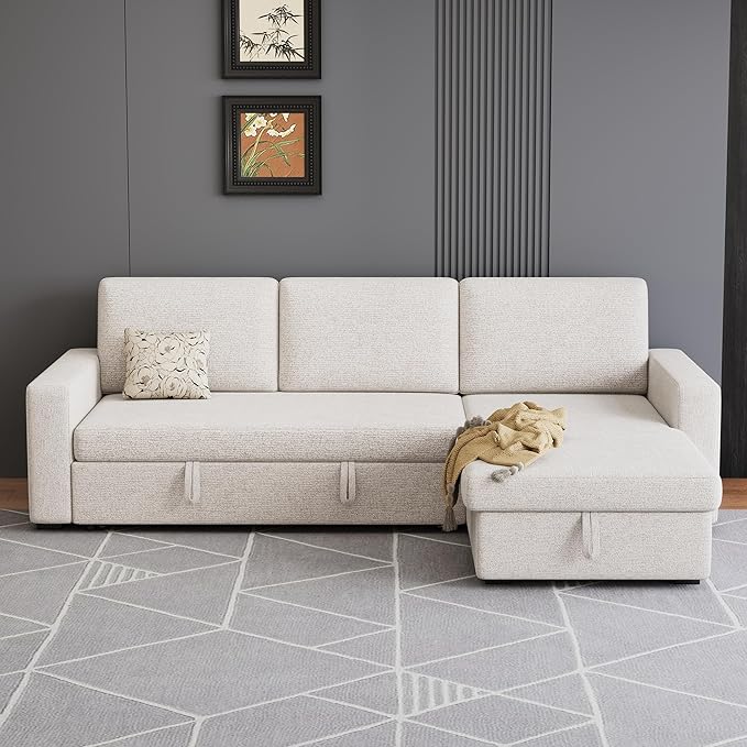 81 inch 3-seat Convertible L Shaped Sleeper Sofa Pull Out Sectional Couch with Storage Chaise &amp Removable Cushions Modern Furniture for Small Living Room Apartment Loft Beige