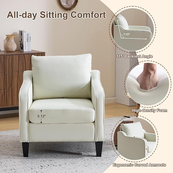 Accent Chair for Living Room Modern Linen Fabric Upholstered Armchair Comfy Reading Chair for Bedroom Mid Century Single Sofa Chair with Solid Wood Legs for Apartment Office Beige