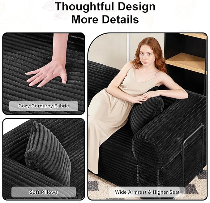 83'' Boneless Couch in A Box No Assembly Needed Sofa Bed Couch 3 Seater Corduroy Modern Cloud Sofa 29'' Deep Seat with 2 Pillows &amp Removable Backrest for Living Room Bedroom Apartment Black |