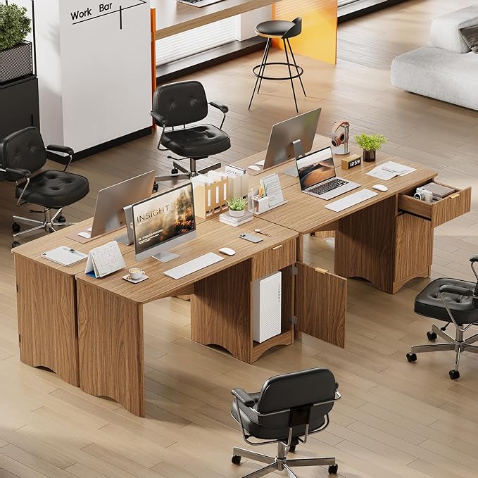 Bestier Computer Desk with Drawer 47 inch Office Desk with Storage Cabinet Modern Wood Desk Adjustable Shelves for Home Office &amp Studio Brown Oak