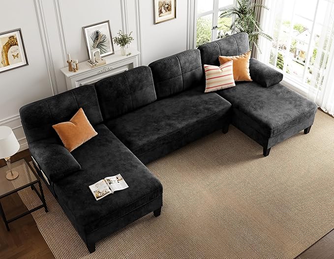 KKL Sectional Sofa Couch for Living Room U Shaped Couch with Storage Home Sofas with Chaise Modern Comfy Couches for Apartment Living Room Furniture Chenille (Black U Shape)