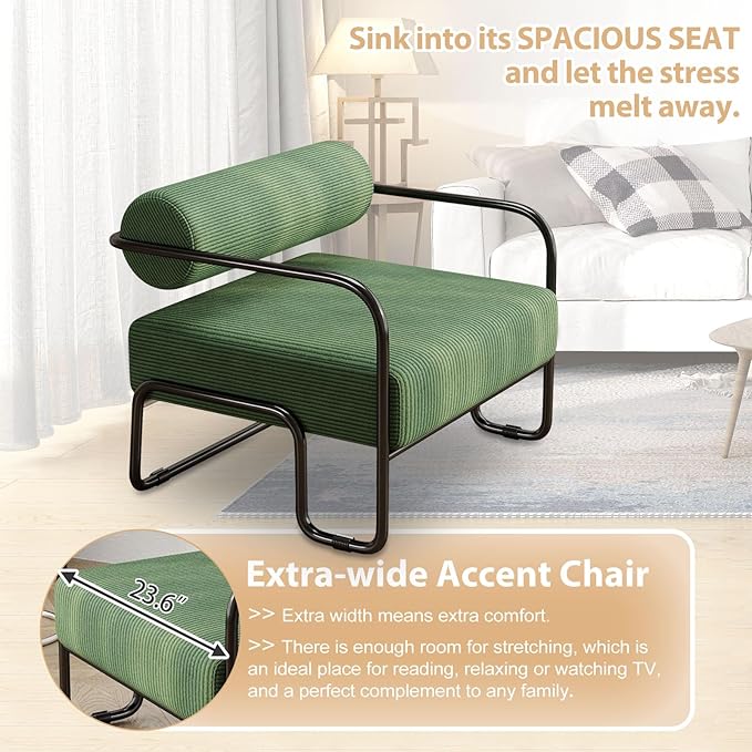 cinkehome Modern Accent Arm Chair for Living Room Corduroy Fabric Upholstered Armchair with Metal Frame Comfy Reading Club Chair Green