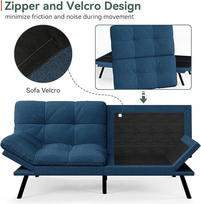 Opoiar Convertible Futon Sofa Bed71 Memory Foam Futon CouchDetachable CushionAdjustable Backrest &amp ArmrestLinen Modern Loveseat Sleeper Recliner for Living RoomOfficeApartmentRetro Blue