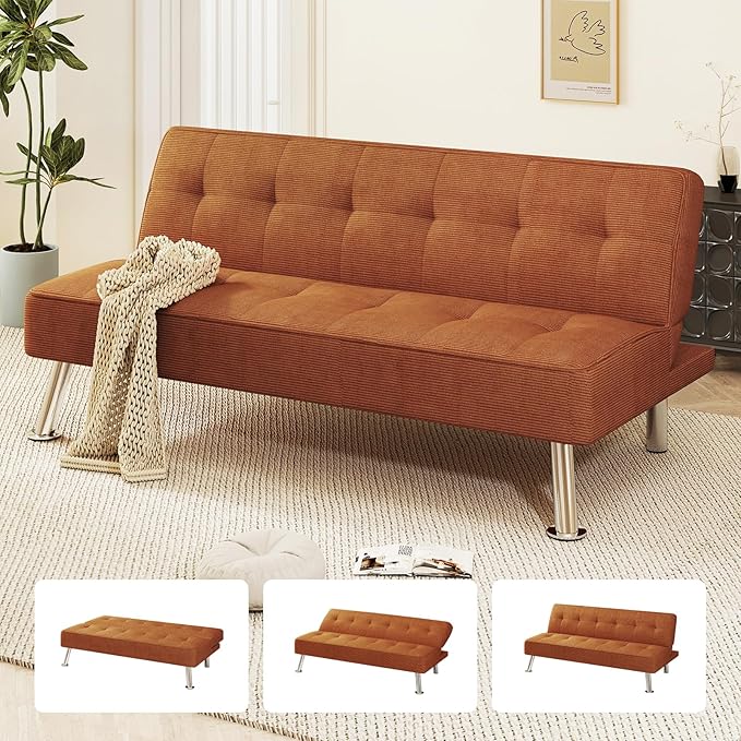 Furnimart Futon Sofa Bed 66 Corduroy Convertible Futon Couch with 3-Position Adjustable Backrest Solid Wood Frame Sleeper Sofa for Small Space Living Room Apartment Office Burnt Orange