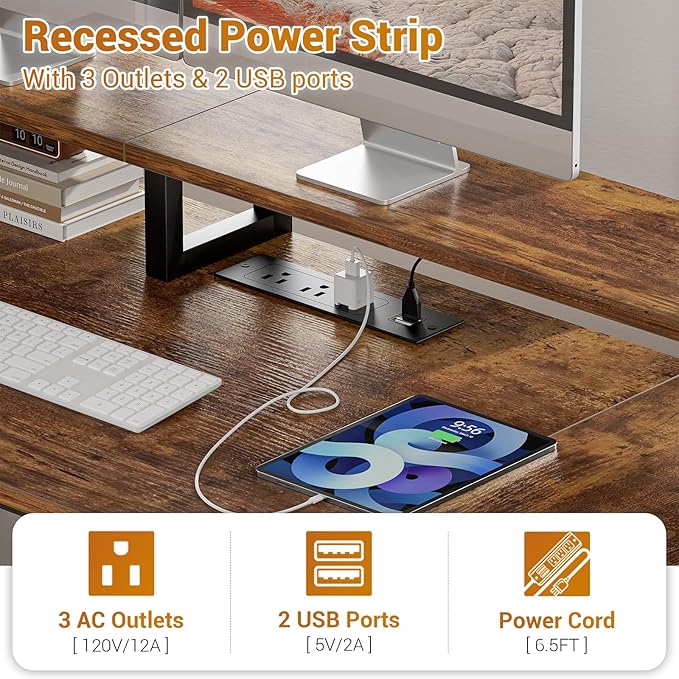 Aheaplus Computer Desk with 3 Drawers Home Office Desk with File Drawer &amp Power Outlet 59'' Gaming Desk with Led Lights Long Work Desk with Storage Printer Cabinet and Monitor Shelf Rustic Br