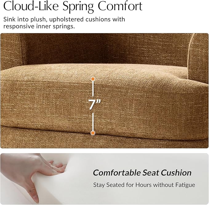 HULALA HOME Swivel Barrel Chair with Rolled Arms Upholstered Fabric Swivel Round Armchair with Removable Cushion Solid Wood Base for Living Room Bedroom Camel